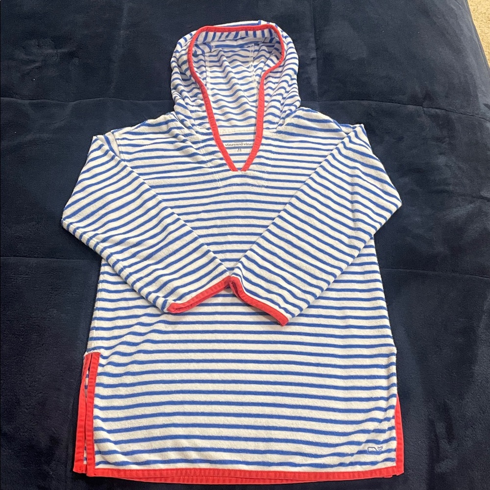 XS Vineyard Vines Striped Blue & White Long sleeve coverup orangish/red accents
